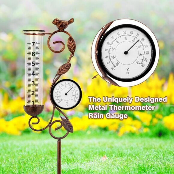 New Bronze Rain Gauge, 32" Outdoor Thermometer for Garden & Patio Decor - Picture 7 of 7